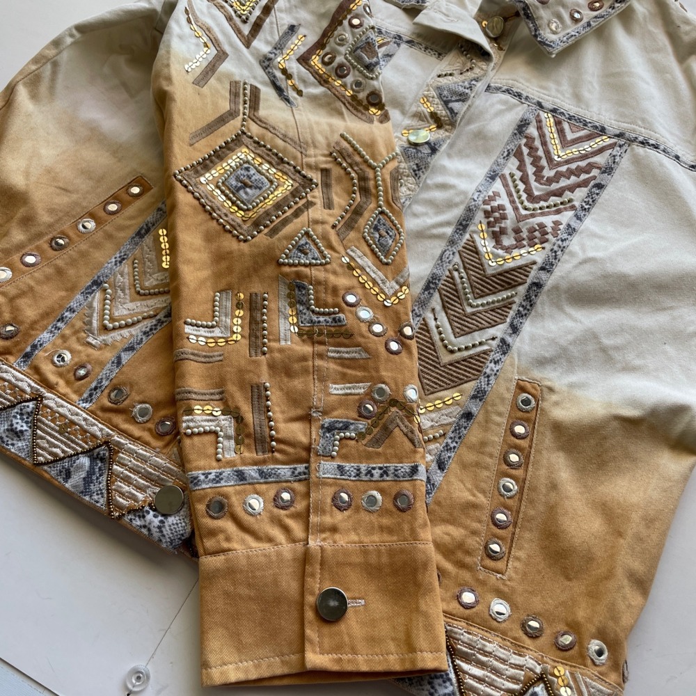 Boston Proper Embellished Jacket Western Aztec Sequin Beaded Boho Chic Denim‎ XL - Picture 9 of 13